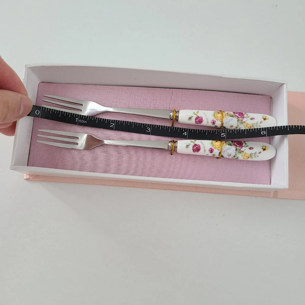 Stainless steel porcelain fork gift box set of 2 rose floral